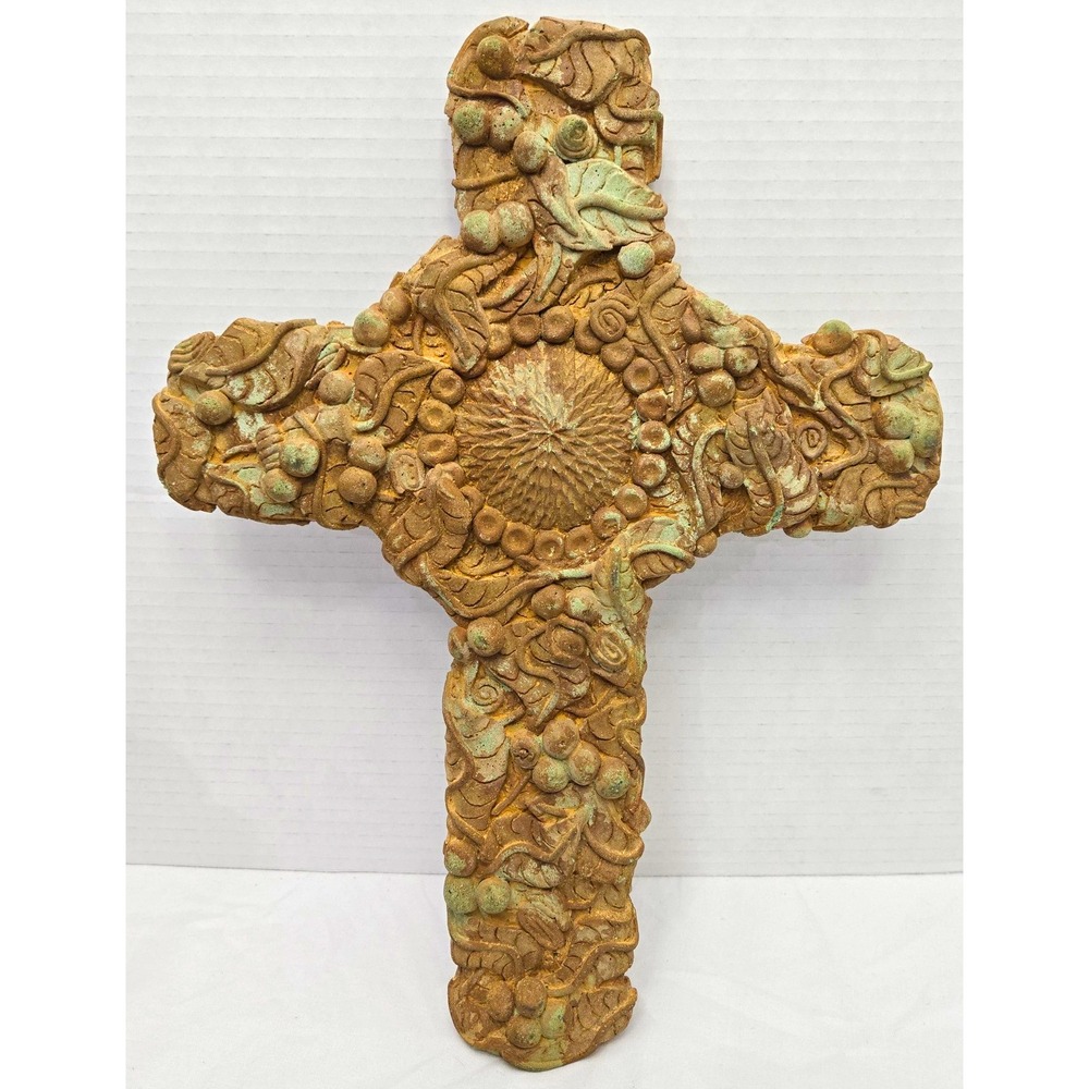 Vintage Cast Stone Wall Cross Heavy 4 lbs Grapes Vines Terracotta Verdigris 14"